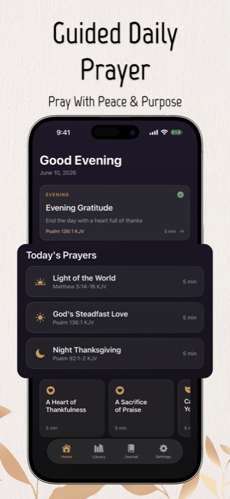 Bible Prayer app home screen showing today's guided daily prayers with KJV verses