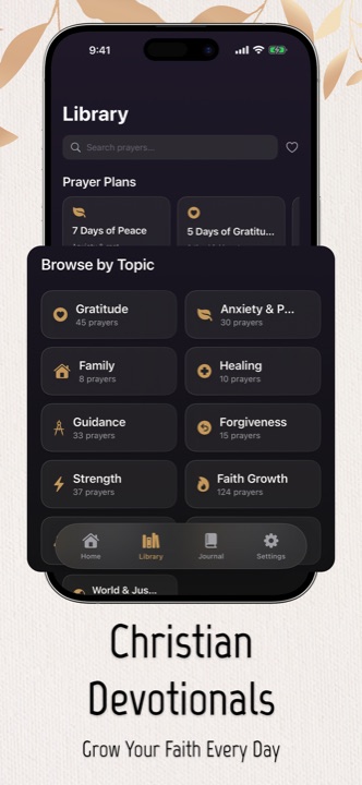 Prayer topics in the Bible Prayer app, including guided prayers for healing