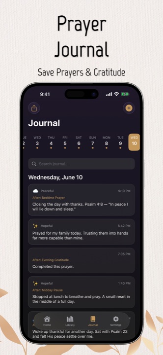 Private prayer journal in the Bible Prayer app with mood tracking and daily entries