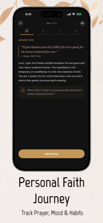 ACTS guided prayer in the Bible Prayer app showing the Adoration step with Psalm 136:1