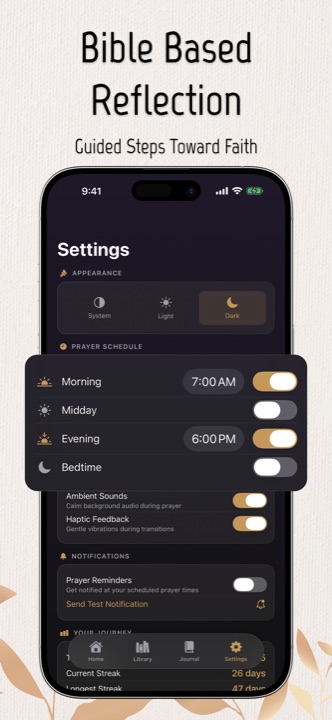 Prayer schedule and gentle daily reminders in the Bible Prayer app